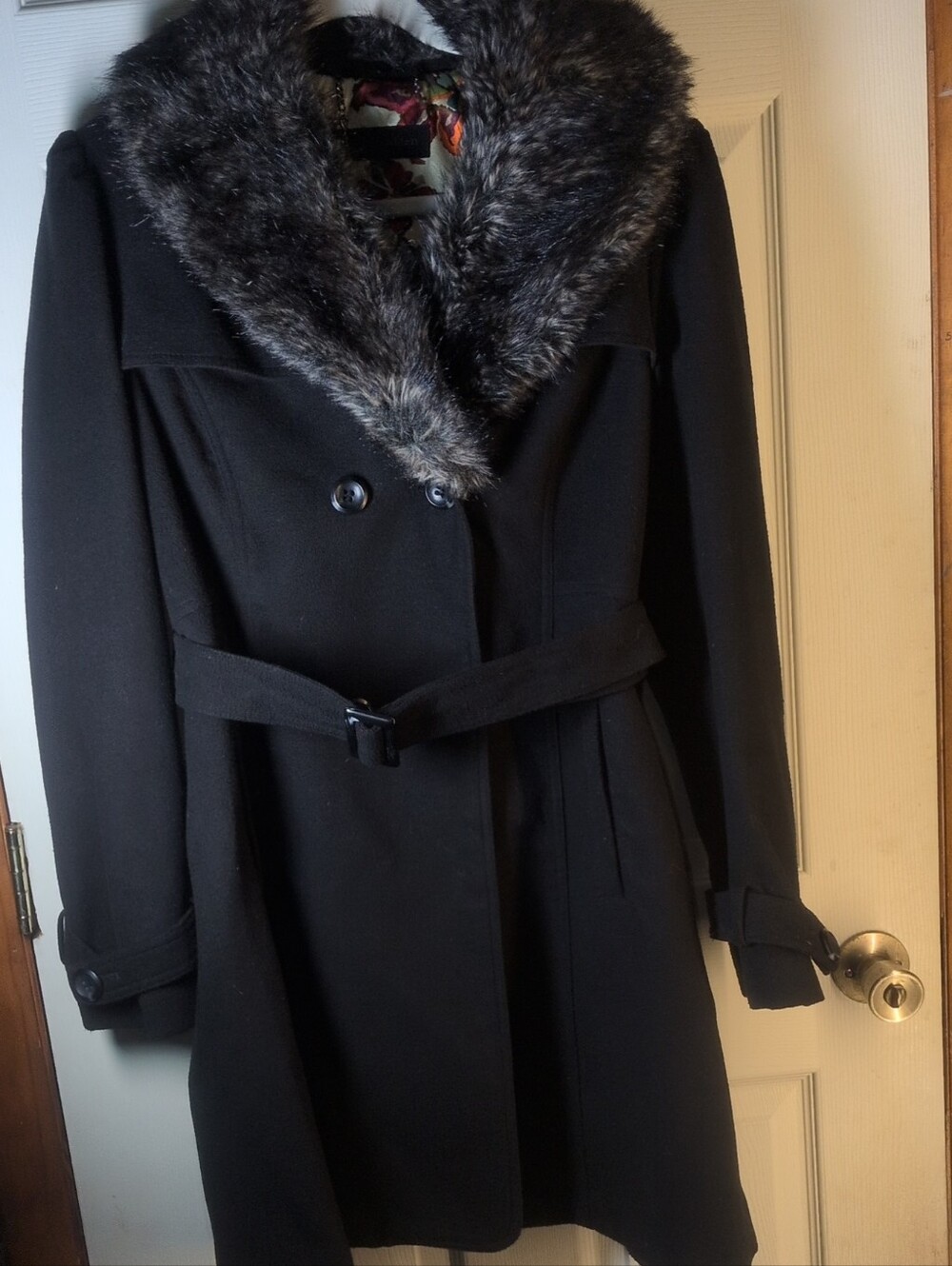 Steve Madden Black Trench Coat with Faux Fur Collar